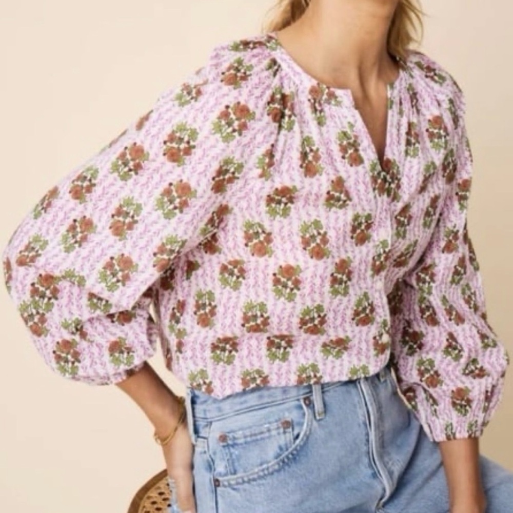 UNTUCKit Womens Pink Rose Print Marcella Puff Sleeve Cotton Floral Blouse Sz S
